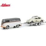 Schuco volkswagen t1 + trailer  volkswagen beetle aircooled boxer service, creme/grey, scale:1/64