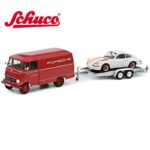 Schuco 1/43 mercedes benz l319 porsche + trailer porsche 911rs, red/white