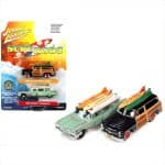 JOHNNY LIGHTNING 1/64 surf rods1950 mercury woody wagon, black  woody1959 cadillac ambulance, teal