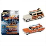 JOHNNY LIGHTNING 1/64 surf rods1950 mercury woody wagon, dakota grey  woody1959 cadillac ambulance,