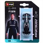 BBURAGO 1/64 2025 mercedes-benz amg w16 #63 george russell, silver/black/turquoise