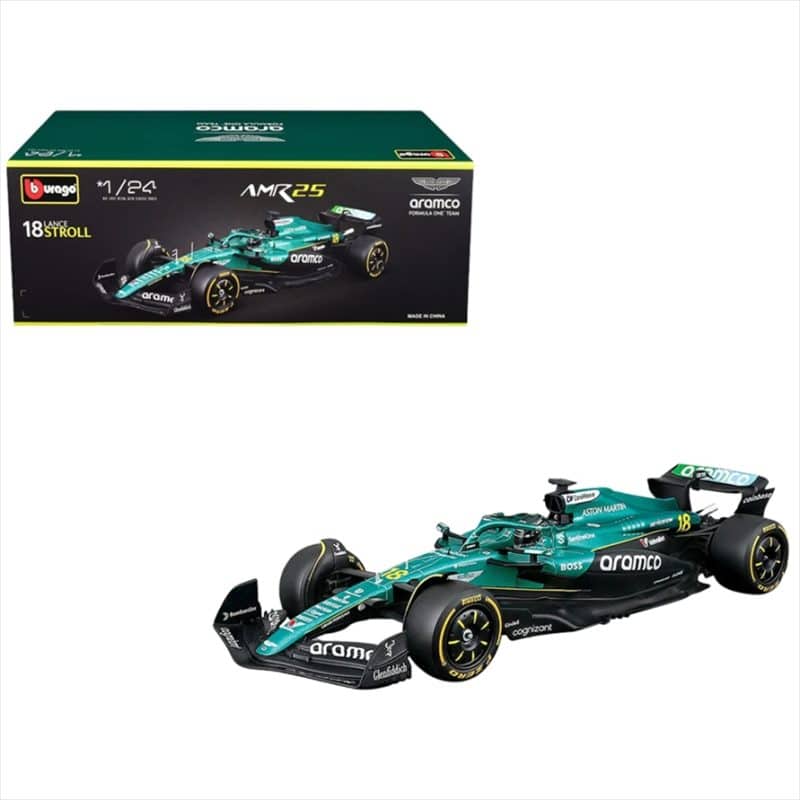 Bburago 1/24 2025 aston martin amr 25 #18 lance stroll with helmet, black/silver/turquoise