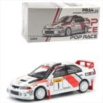 POP RACE 1/64 mitsubishi lancer evolution iv, #1 safari rally kenya 1998, white/red