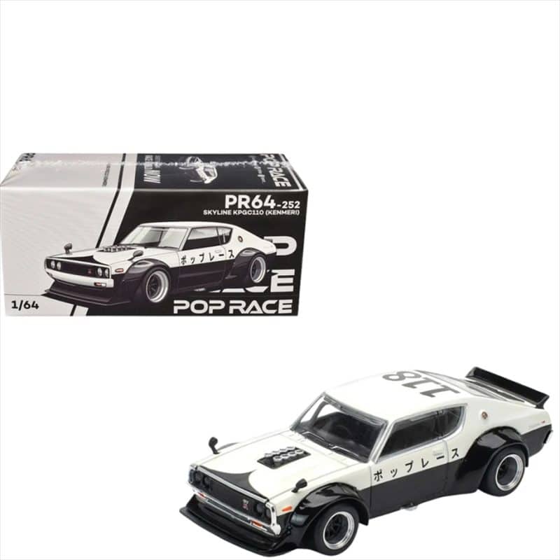 POP RACE 1/64 nissan skyline gt-r v8 drift kpgc110 kenmeri *npa style*, black/white