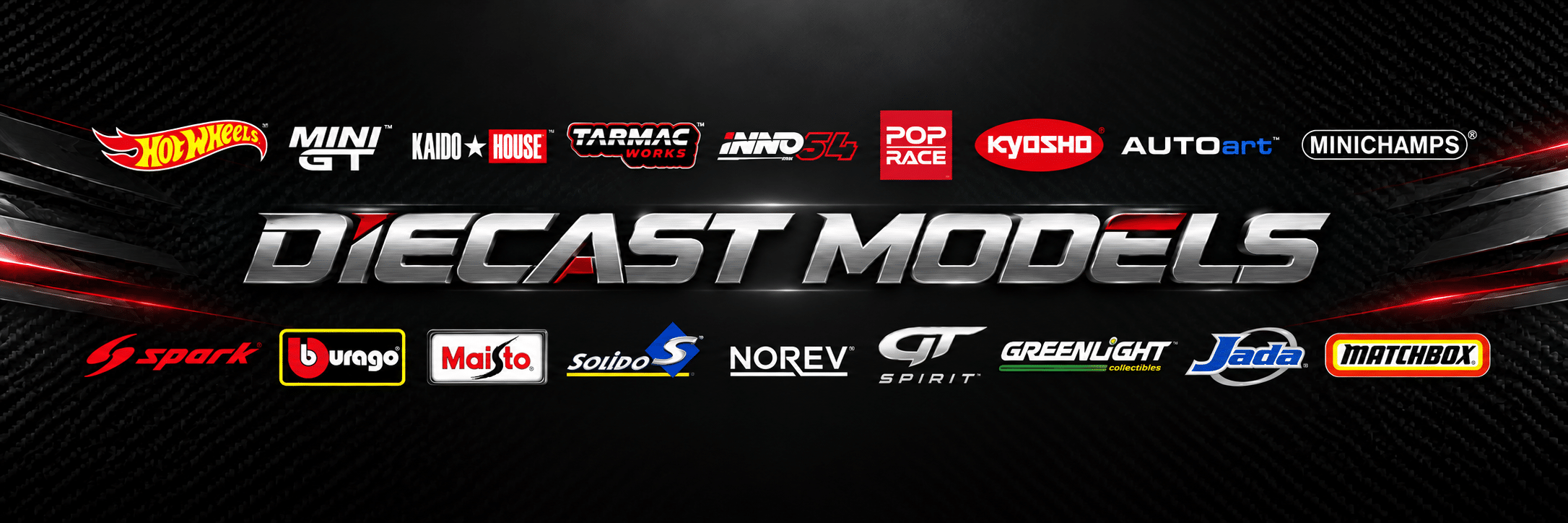 Diecast Models with popular scale model brand logos on a dark racing background
