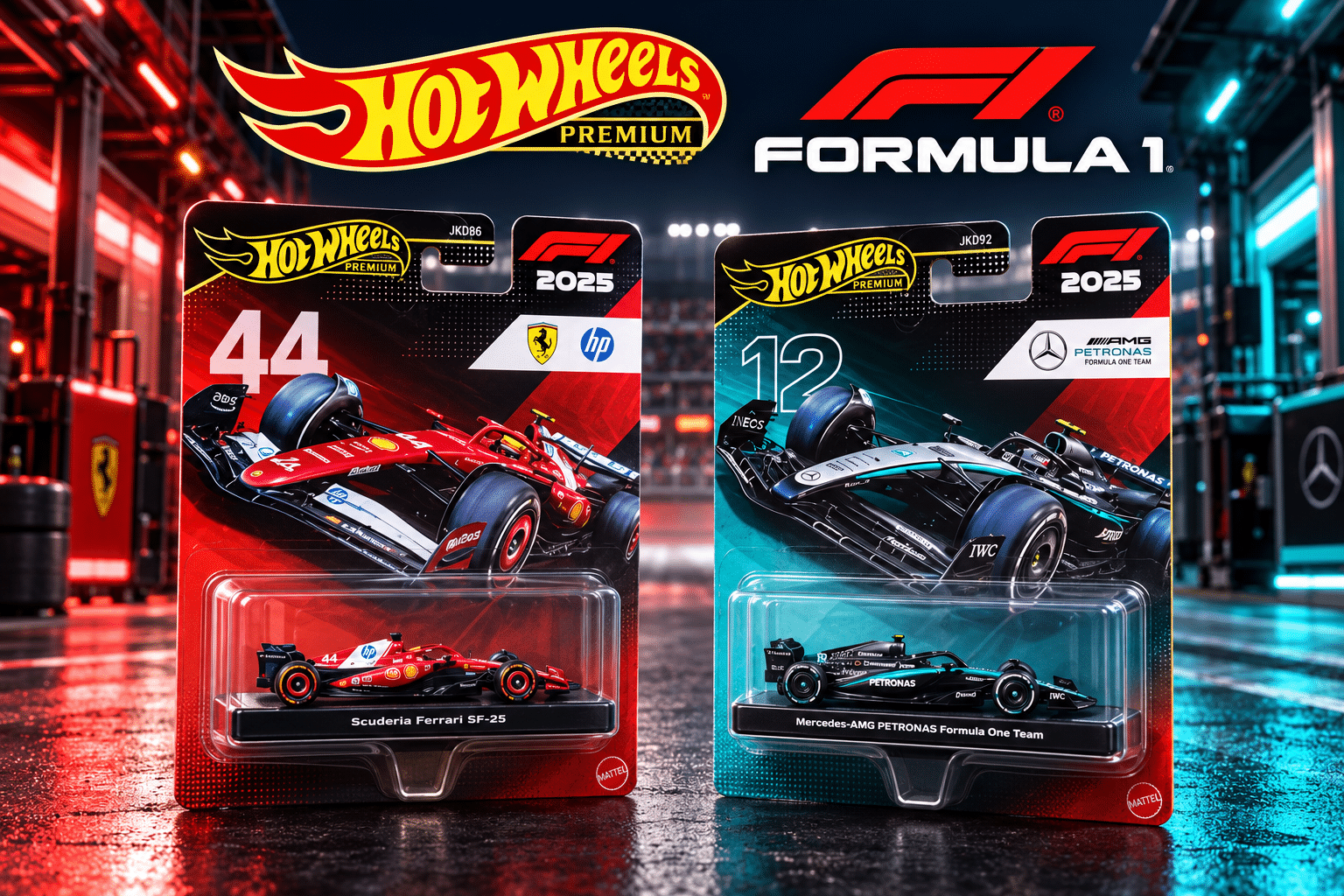 Hot Wheels Premium Formula 1 — Ferrari #44 JKD86 and Mercedes #12 JKD92